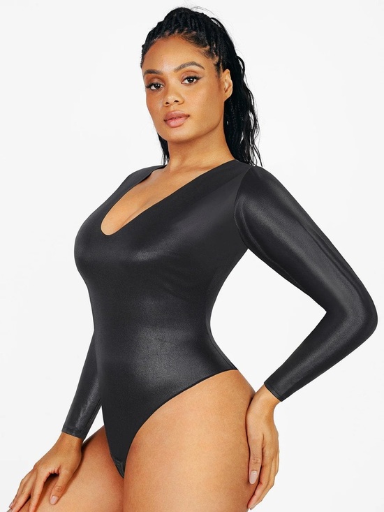 Good American Tops - Good American Faux Leather Coated Bodysuit Long Sleeve Snap Crotch Gray Size 1 S